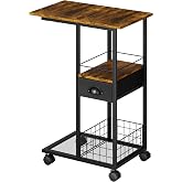 C Shaped Sofa Side Table with Wheels, Rolling Small Coffee Table with Drawer, Portable TV Tray Table for Couch, Bedside Table with Storage, Narrow Nightstand for Bedroom, End Tables Living Room