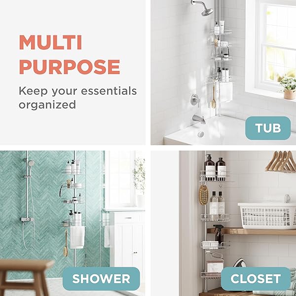 ZENNA HOME TENSION POLE SHOWER CADDY CORNER ORGANIZER, ADJUSTABLE STANDING SHOWER CADDY WITH 4 BASKETS AND BUILT IN TOWEL BAR, RUST RESISTANT BATHROOM TENSION ROD ORGANIZER, 60 TO 97 INCH, CHROME