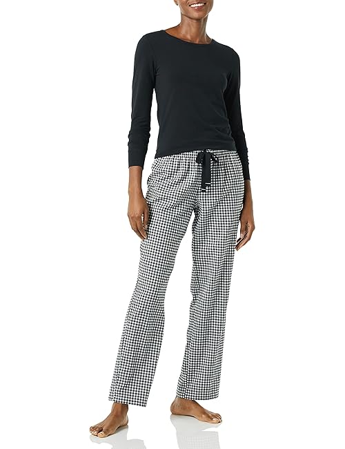 Amazon Essentials Women's Lightweight Flannel Pant and Long-Sleeve T-Shirt Sleep Set, Black/White, Gingham, XX-Large