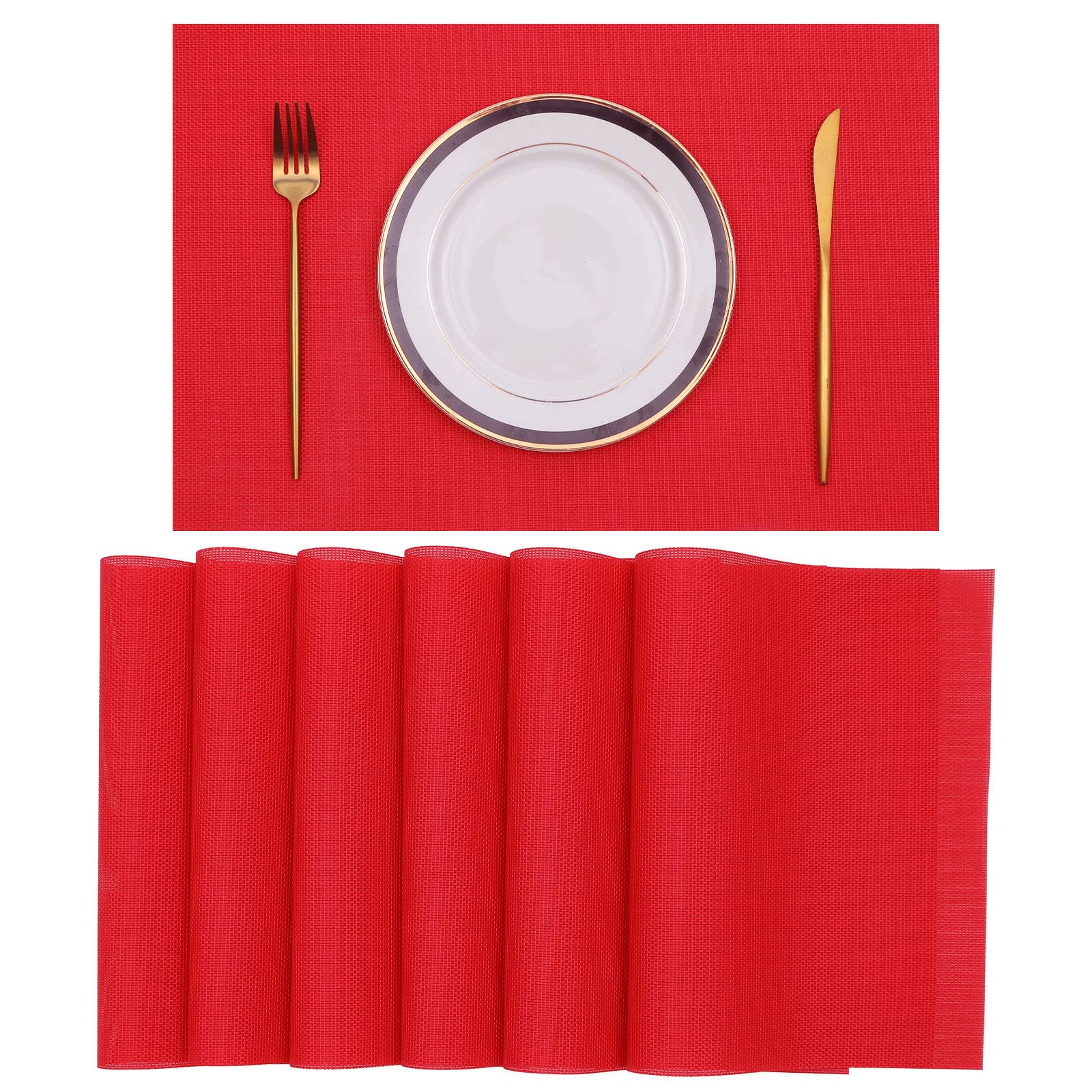 Photo 1 of SHACOS Placemats Set of 6 Woven Vinyl Christmas Place Mats for Dining Table Wipe Clean Stain Resistant Table Mats Indoor Outdoor (6, Red)