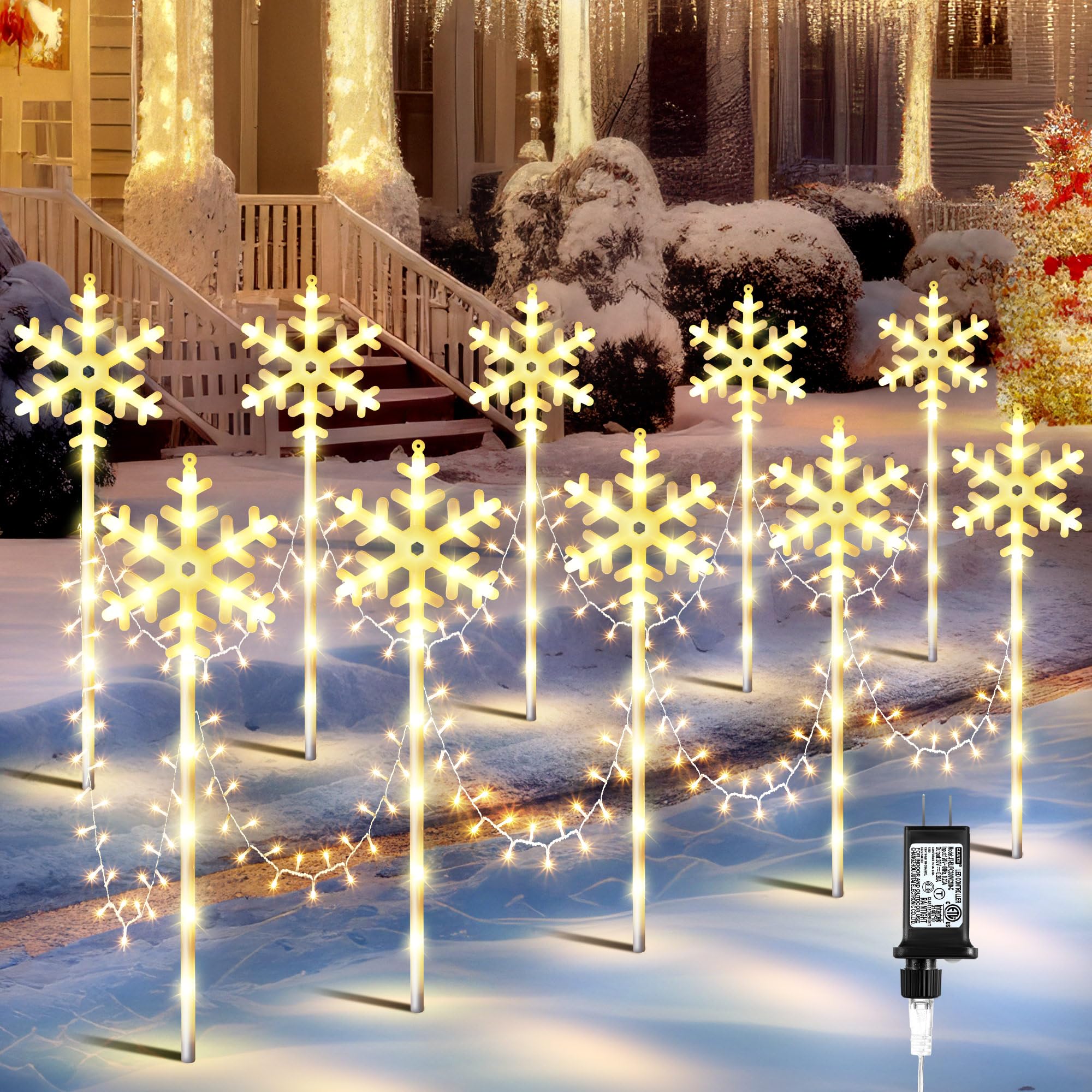 Photo 1 of ElectricWise 10 Pcs Christmas Snowflake Pathway Stake Lights for Outdoor Yard, 370 Bright LEDs Waterproof Large Christmas Snowflake Light Decoration for Garden Lawn Driveway Walkway Decor (Warm White)