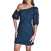 BCBG Women's Off The Shoulder Asymmetrical Short Lace Puff Sleeve Dress