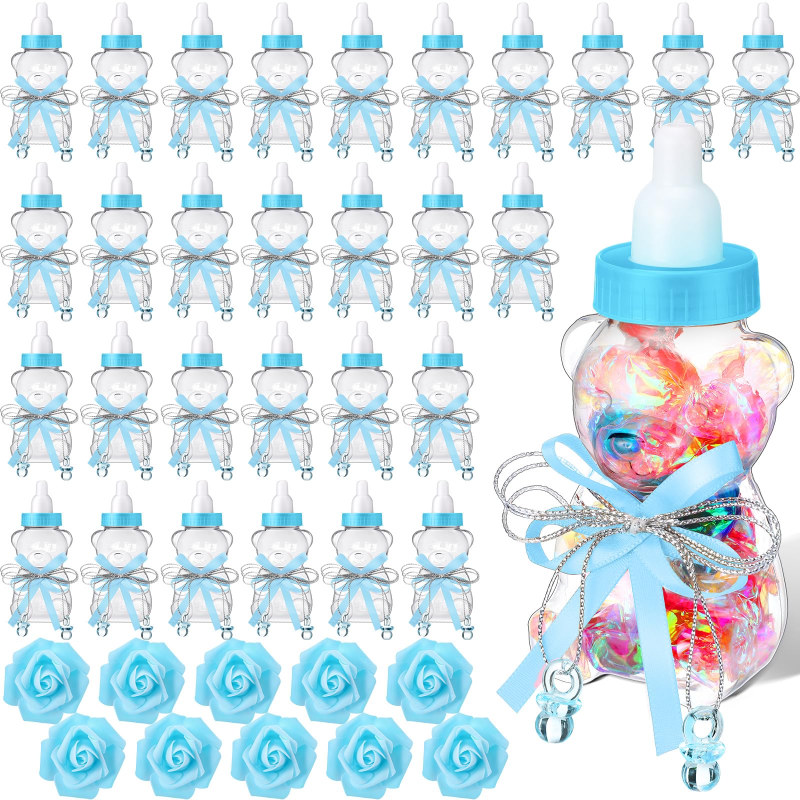 Photo 1 of 48 Pcs 4.7 Inches Baby Shower Bear Bottles Bulk Mini Clear Milk Plastic Bear Candy Bottles with Ribbon Artificial Roses for Baby Shower Favor Gift Newborn Party Decor(Blue)