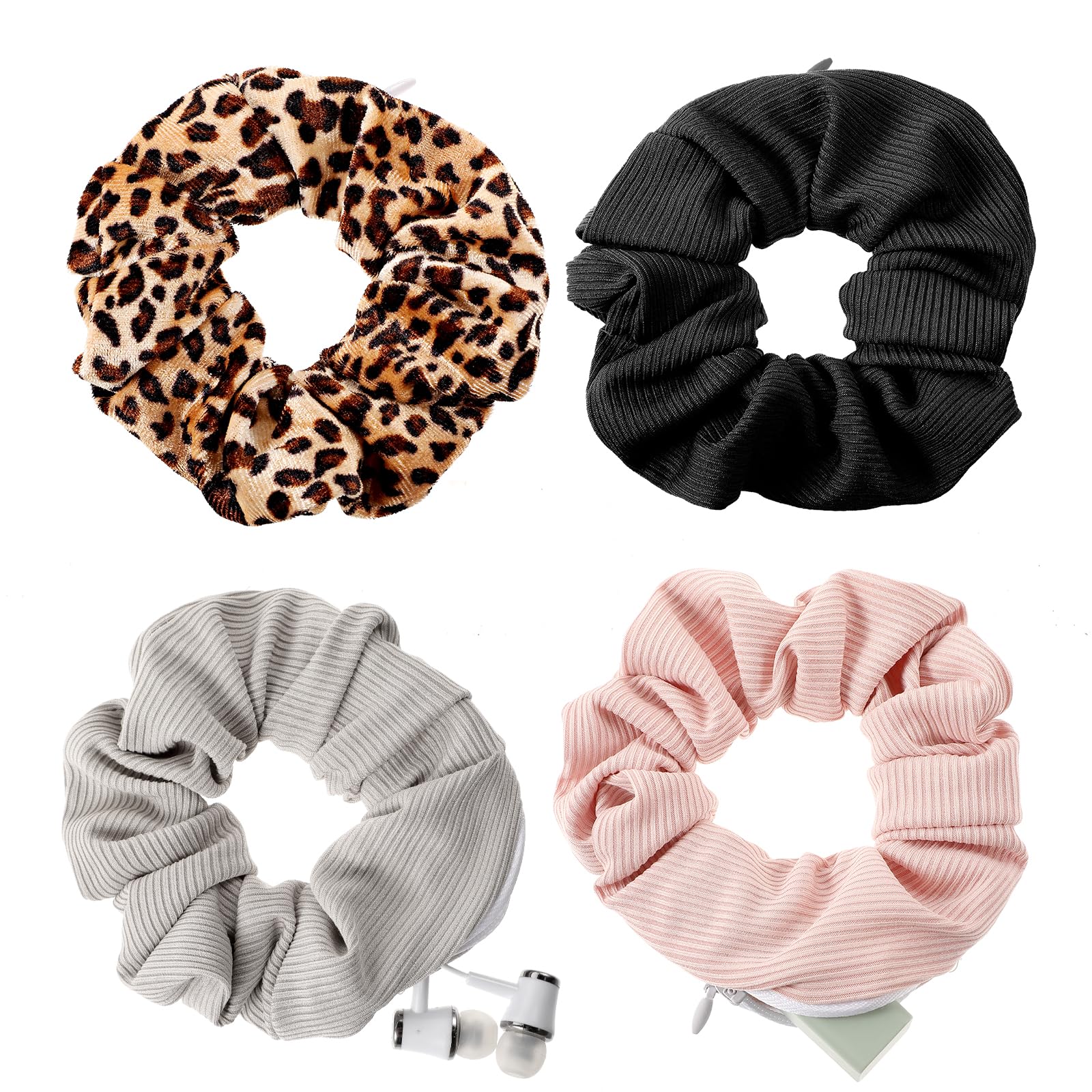 AOZUO Pocket Hair Scrunchies for Women, 4pcs Scrunchie with Zipper Pocket Hidden Ponytail Hair Ties Elastic Bracelet Scrunchy Hair Accessories for Storage Keys Money Lipstick Small Items