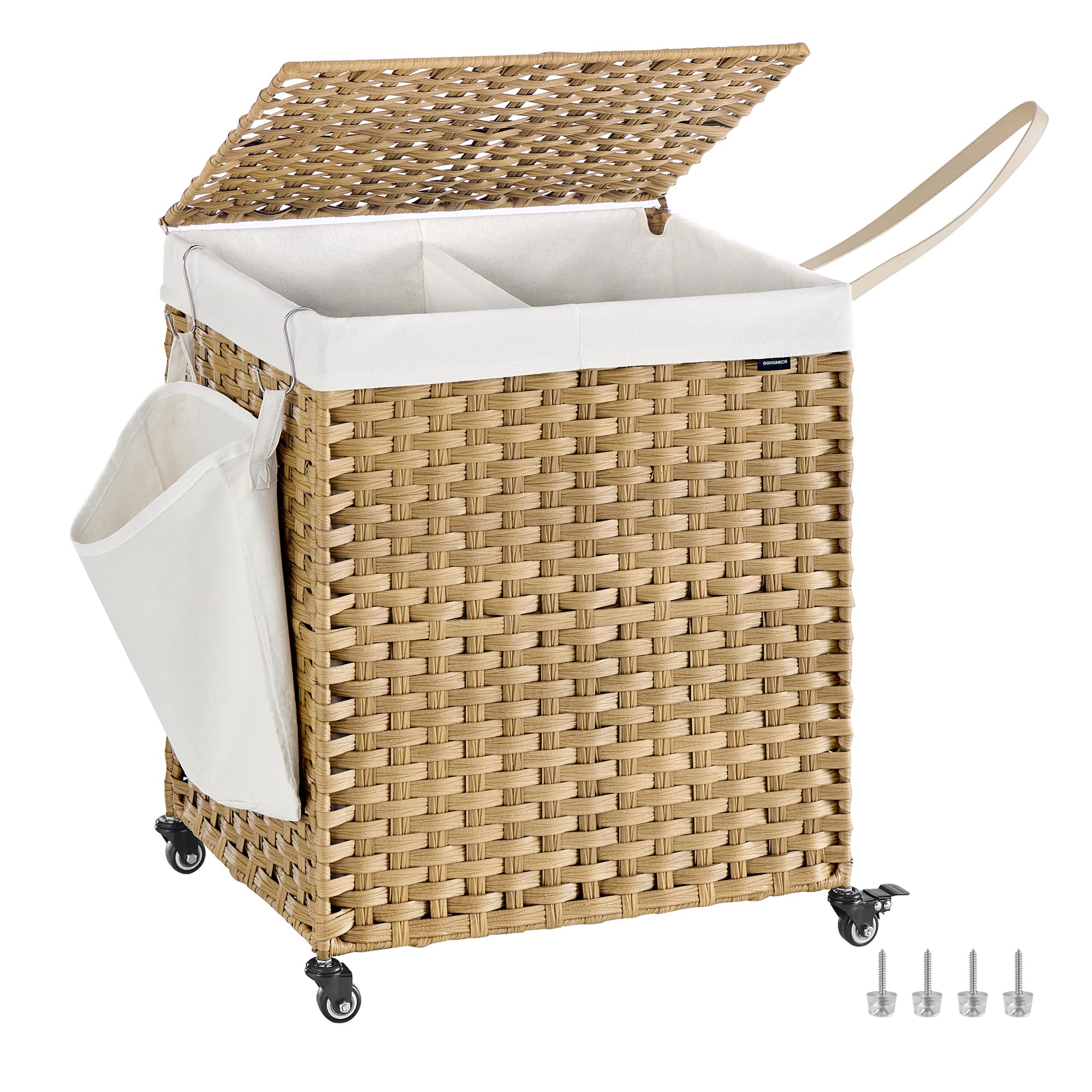 SONGMICS Laundry Hamper with Lid, 38.3 Gallons (145 L), Rolling Laundry Basket with Wheels, 2-Section Synthetic Rattan, Removable Liner, Bedroom, 21.7 x 15.7 x 26 Inches, Natural Color ULCB262Y01 Image