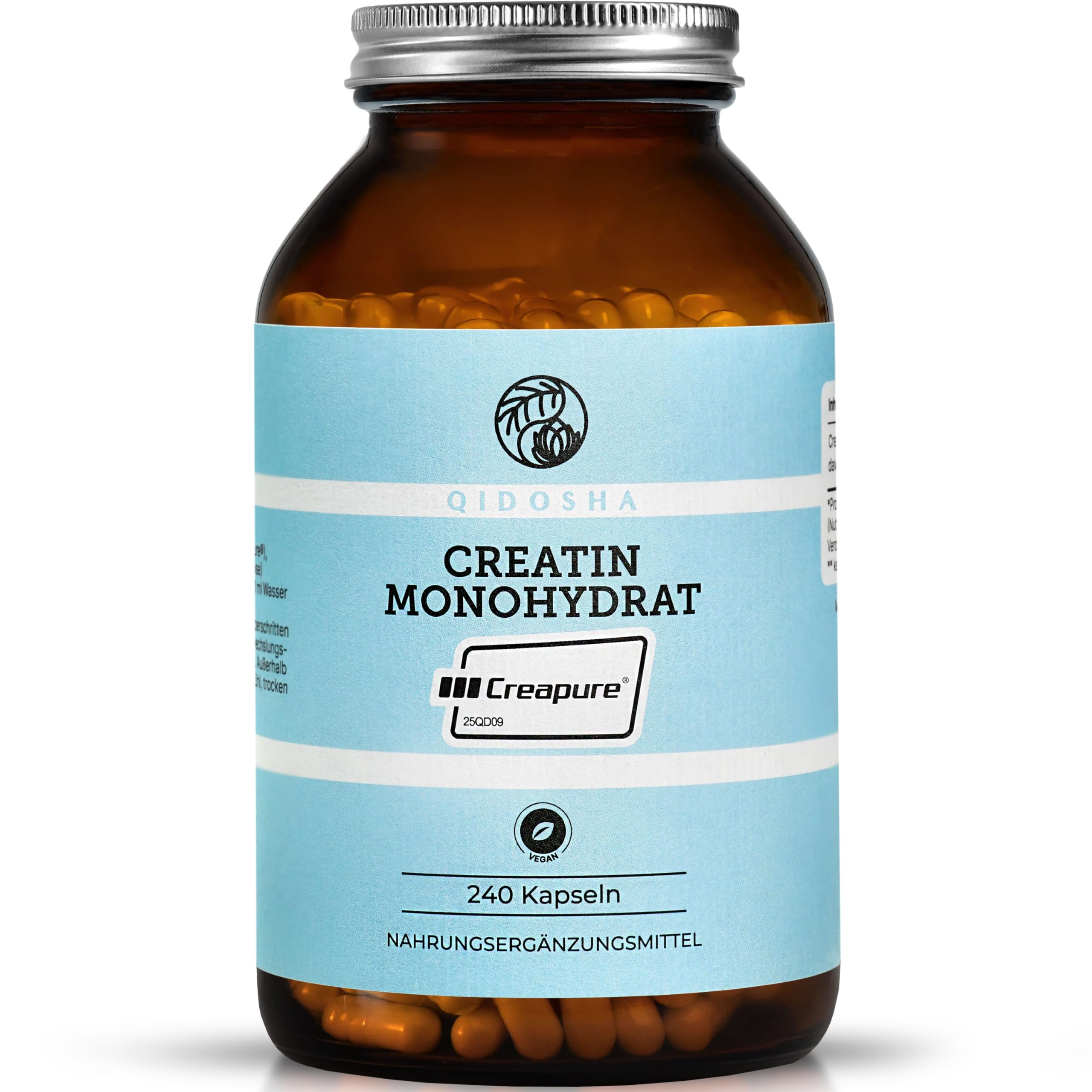 Creapure® Creatin Monohydrat von QIDOSHA®, 240 Stk im Apothekerglas, 750mg je Kapsel, jede Charge laborgeprüft, deutsche Fertigung