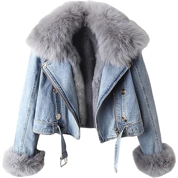 Amazon.com: Women Warm Fur Collar Rabbit Fur Liner Denim