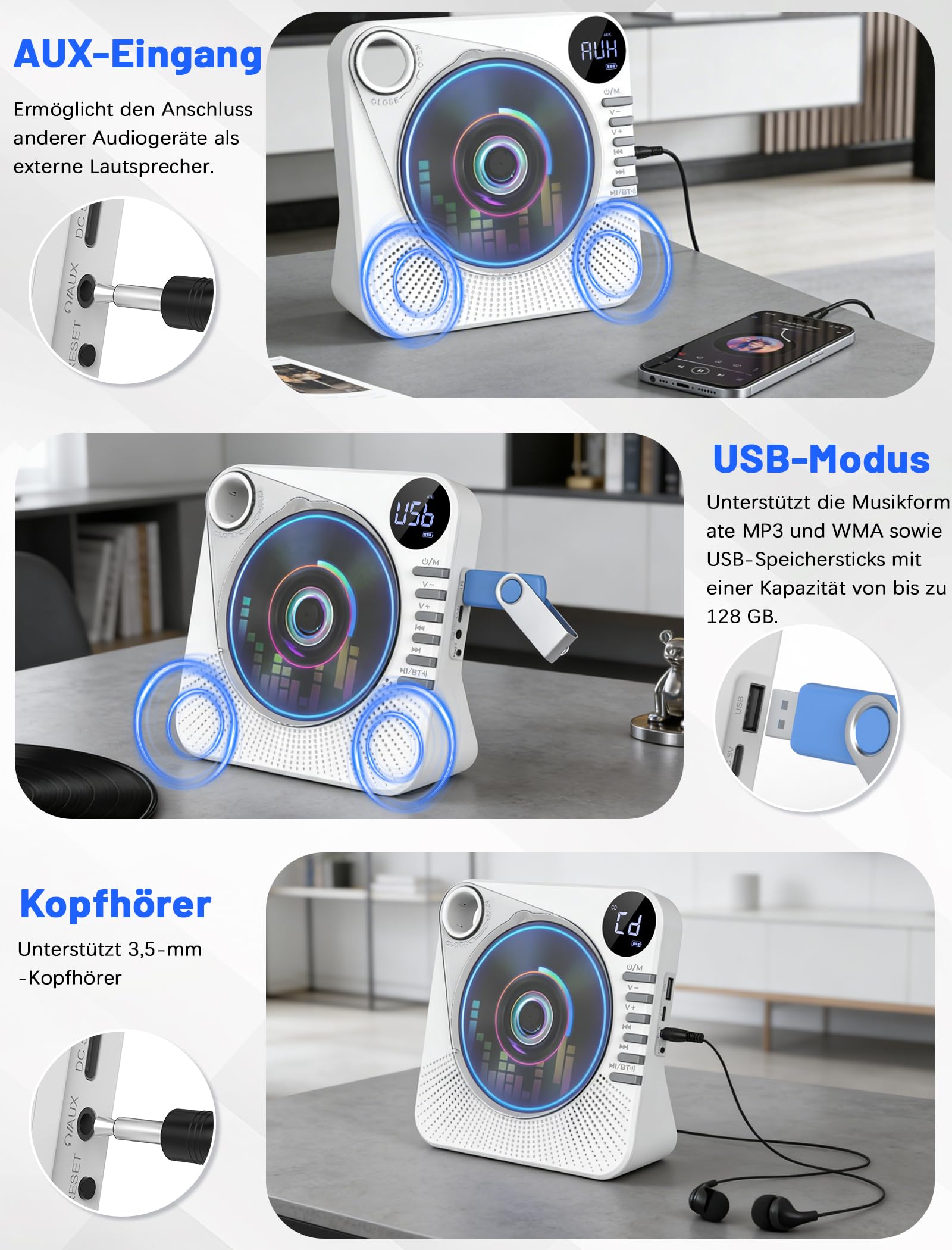 Tragbarer CD-Player 4000mAh Wiederaufladbar, Bluetooth 5.1 mit Stereo-Lautsprechern, Fernbedienung, Staubschutz-Schiebedeckel, Anti-Skip, AUX/USB, CD Spieler für Zuhause & Unterwegs - Weiß 9