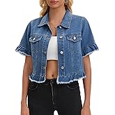 CIMUK Women's Short Sleeve Denim Jacket Button Down Lightweight Ruffle Jean Jacket
