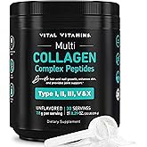 Vital Vitamins Multi Collagen Peptides Powder - Unflavored, Easy to Dissolve - Type I, II, III, V, X - for Women & Men - Promotes Hair, Skin, Nails, & Joint Health - 30 Servings