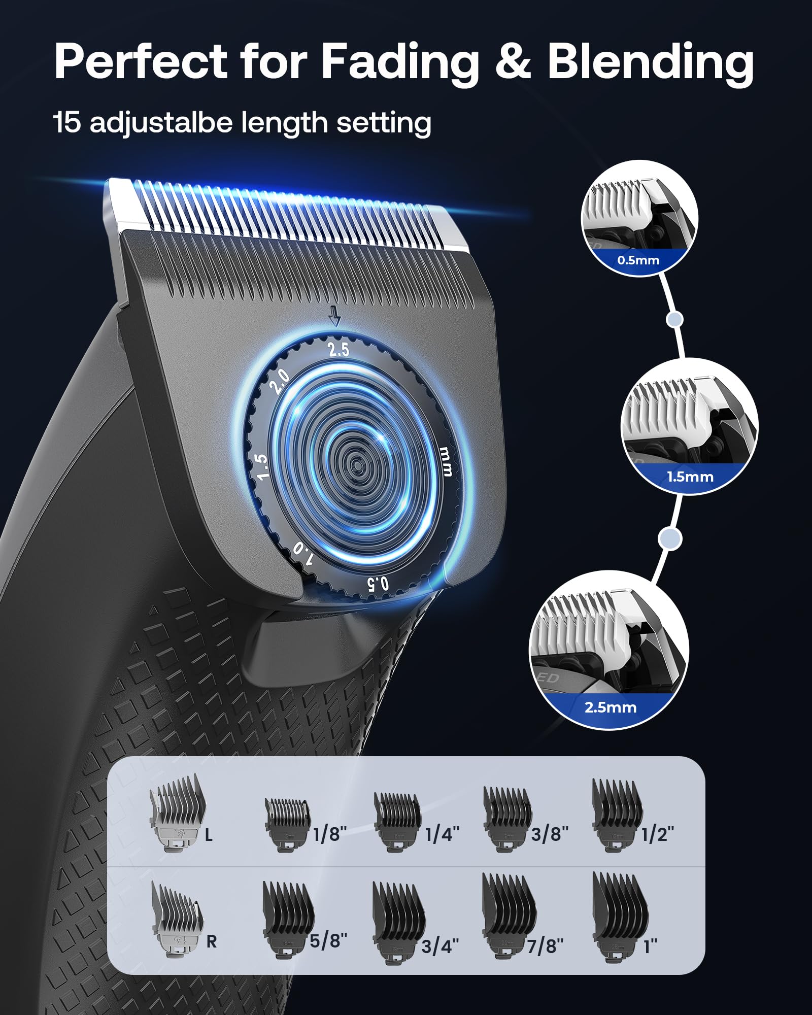 GLAKER Hair Clippers for Men - Cordless 2 in 1 Versatile Hair Trimmer with 10 Guards, Detachable Blades & Turbo Motor, Professional Mustache Grooming Kit for Barbers, USB C Rechargeable