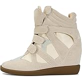 WJZDSJCO Wedge Sneakers for Women Heels Suede Hook and Loop High Heel Tennis Round Toe Triple Strappy Band Casual Vintage Fashion Dressy Comfy Campus Trendy Retro
