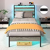 J.Fkne Twin Bed Frame with LED Lights & Charging Station, Metal Platform Bed with Headboard, Heavy Duty Metal Slats, No Box Spring Needed, Noise Free, Easy Assembly