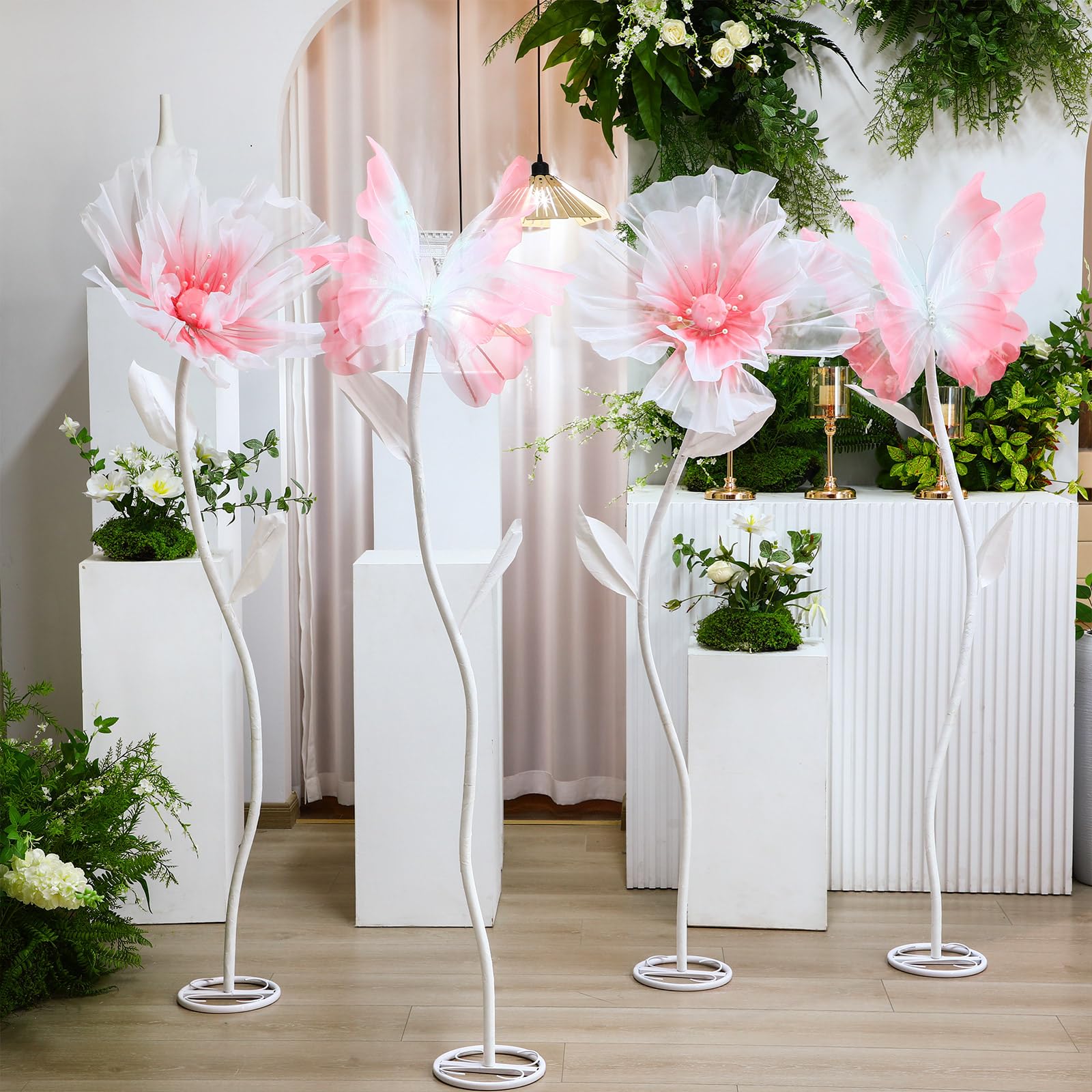 Photo 1 of Cinnvoice 4 Set Wedding Giant Butterfly and Flower Decorations with Standing Base Huge Artificial Gauze Butterfly Flower Backdrop Decorations for Wedding Birthday Bridal Shower (Pink)
