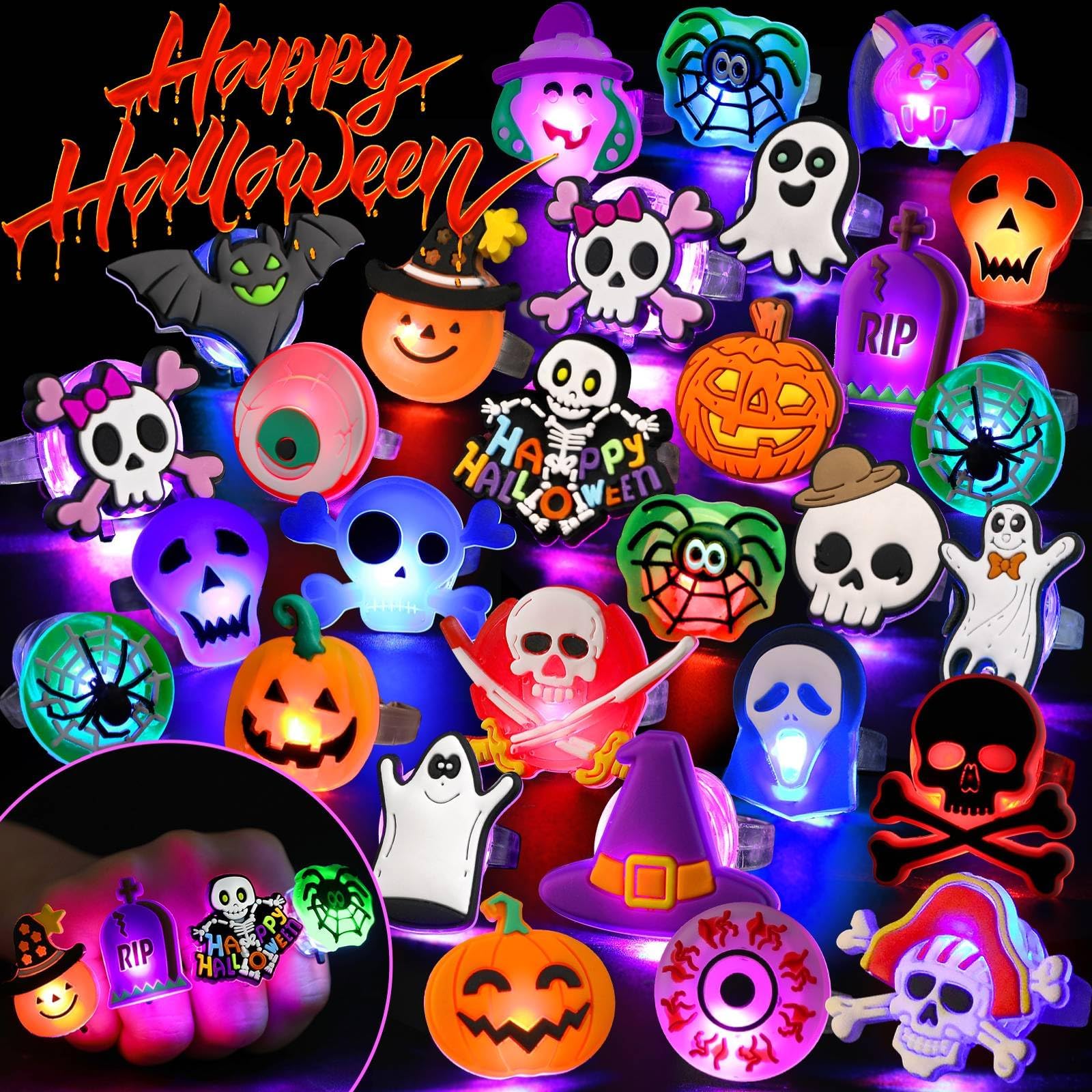 Photo 1 of Coluans Halloween Treats 25Pcs Halloween Party Favors for Kids Adults LED Ring Halloween Accessories Light Up Rings Halloween Toys Flash Rings Non Candy Gift Bag Fillers New Version