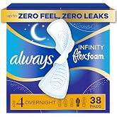 Always Infinity Feminine Pads for Women, Flexfoam Pads with Wings, Size 4, Overnight Absorbency, Unscented, 38 Count