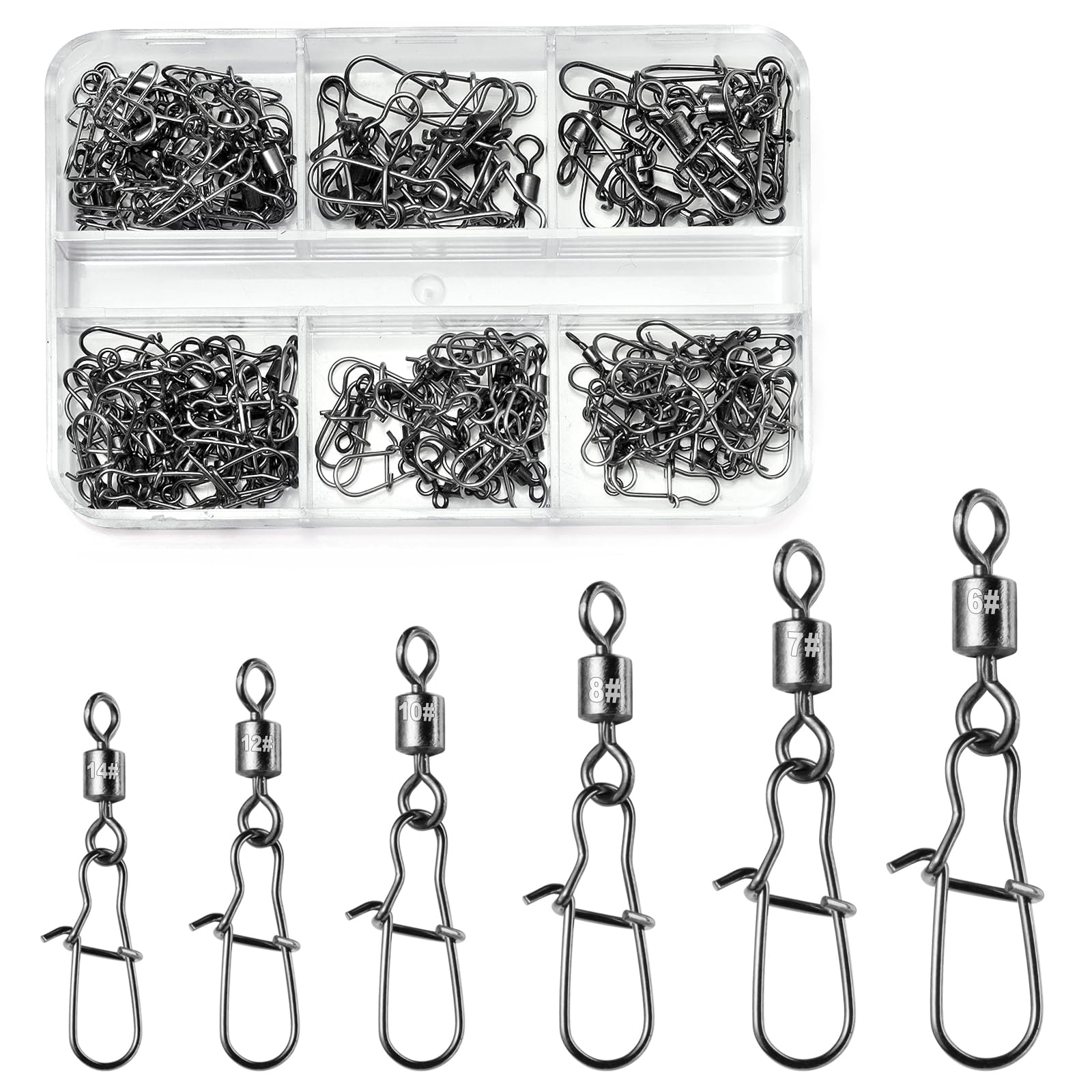 VEPEPE 100 Pcs Barrel Fishing Swivels with Duo Lock Snaps 6# 7# 8# 10# 12# 14# Quick Change Rolling Swivels and Clips,for Carp Fishing,Snaps to Line Lure(100,Silver)