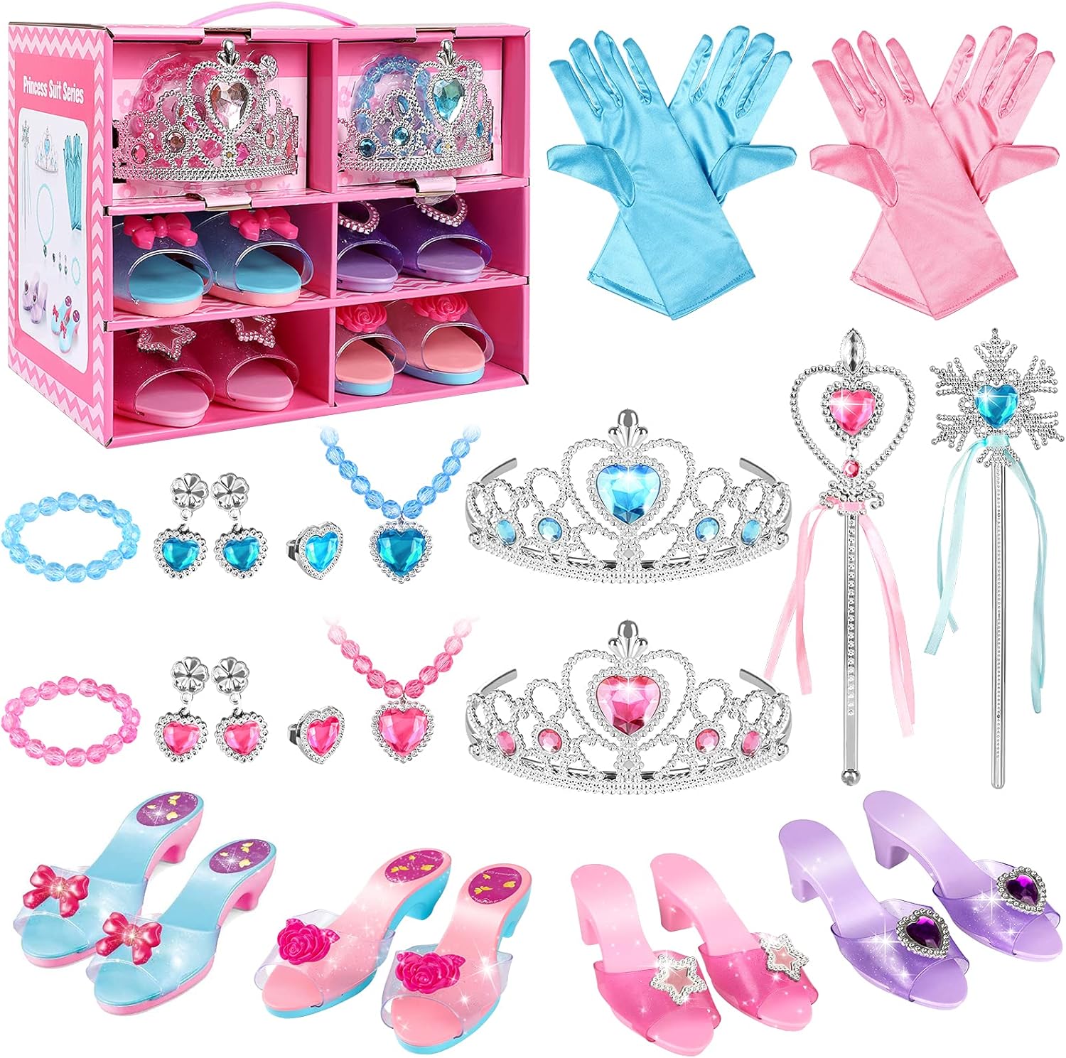 SUPER JOY Princess Dress Up Shoes & Jewelry Boutique - Pretend Princess Toys, 4 Pairs Play Shoes and Multiple Fashion Jewelry Accessories Girls Role Play Beauty Gift Toys for Age 3 4 5 6 Year Old: Toys & Games