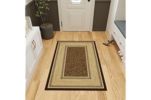 OTTOMANSON Machine Washable Bordered Design Non-Slip Rubberback 3x5 Traditional Area Rug for Living Room, Bedroom, Kitchen, 3'3" x 5', Brown