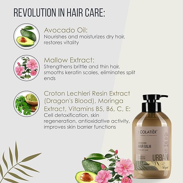ECOLATIÈR NOURISHING NATURAL HAIR BALM FOR DRY HAIR – AVOCADO OIL HAIR CONDITIONER, VEGAN, SULFATE-FREE, HYDRATING & NOURISHING, 97.5% NATURAL INGREDIENTS – 13.5 FL OZ
