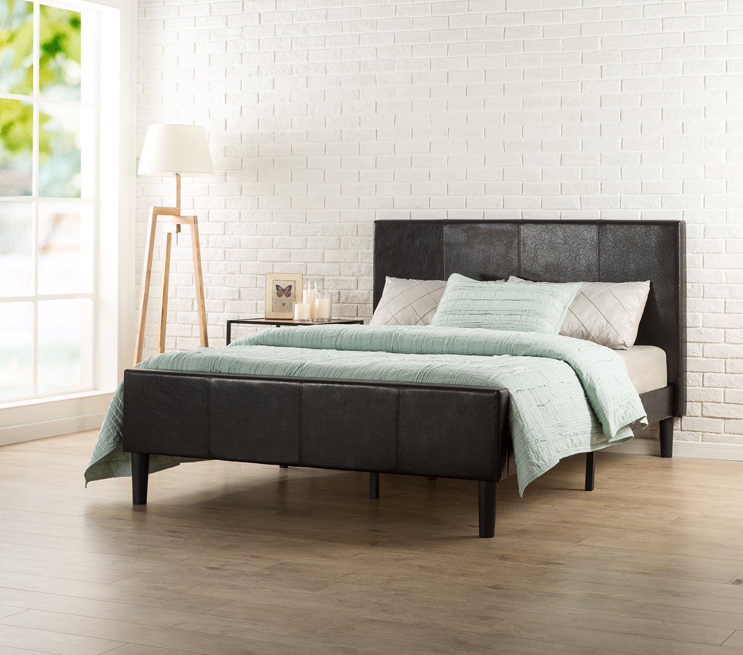 Zinus Deluxe Faux Leather Upholstered Platform Bed with Footboard and