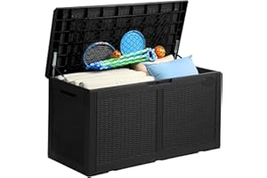 YITAHOME 105 Gallon Large Deck Box with Cushion & Storage Net, Outdoor Resin Storage Boxes for Patio Furniture, Outdoor Cushions, Garden Tools, Water Resistant and Lockable