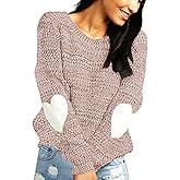 shermie Women's Cute Heart Pattern Elbow Patchwork Knitted Sweaters Long Sleeve Crew Neck Casual Pullover
