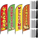 Remagr 4 Pcs Mexican Tacos Feather Flag 7.9 ft Mexican Restaurants Advertising Banner Sign with Pole and Ground Stake for Tacos Burritos Tamales Advertising Flags for Outside Store Business Markets