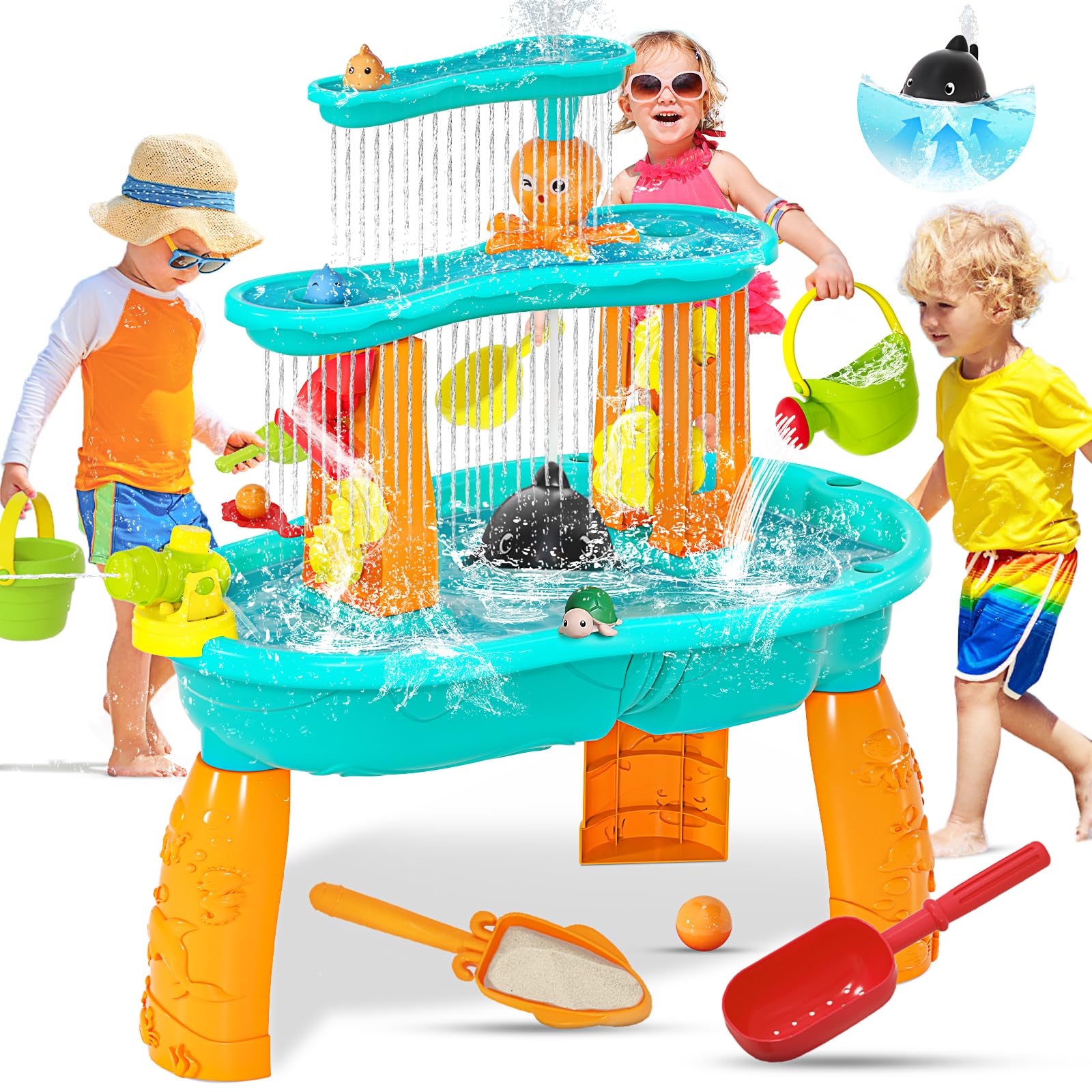 Photo 1 of Handwell Upgraded Toddler Water Table, 3-Tier Water and Sand Activity Table with Water Pump&Water Toy Accessories, Rain Showers Splash Pond Beach Summer Outdoor Toy Outside Playset for Boy Girl Age 3+