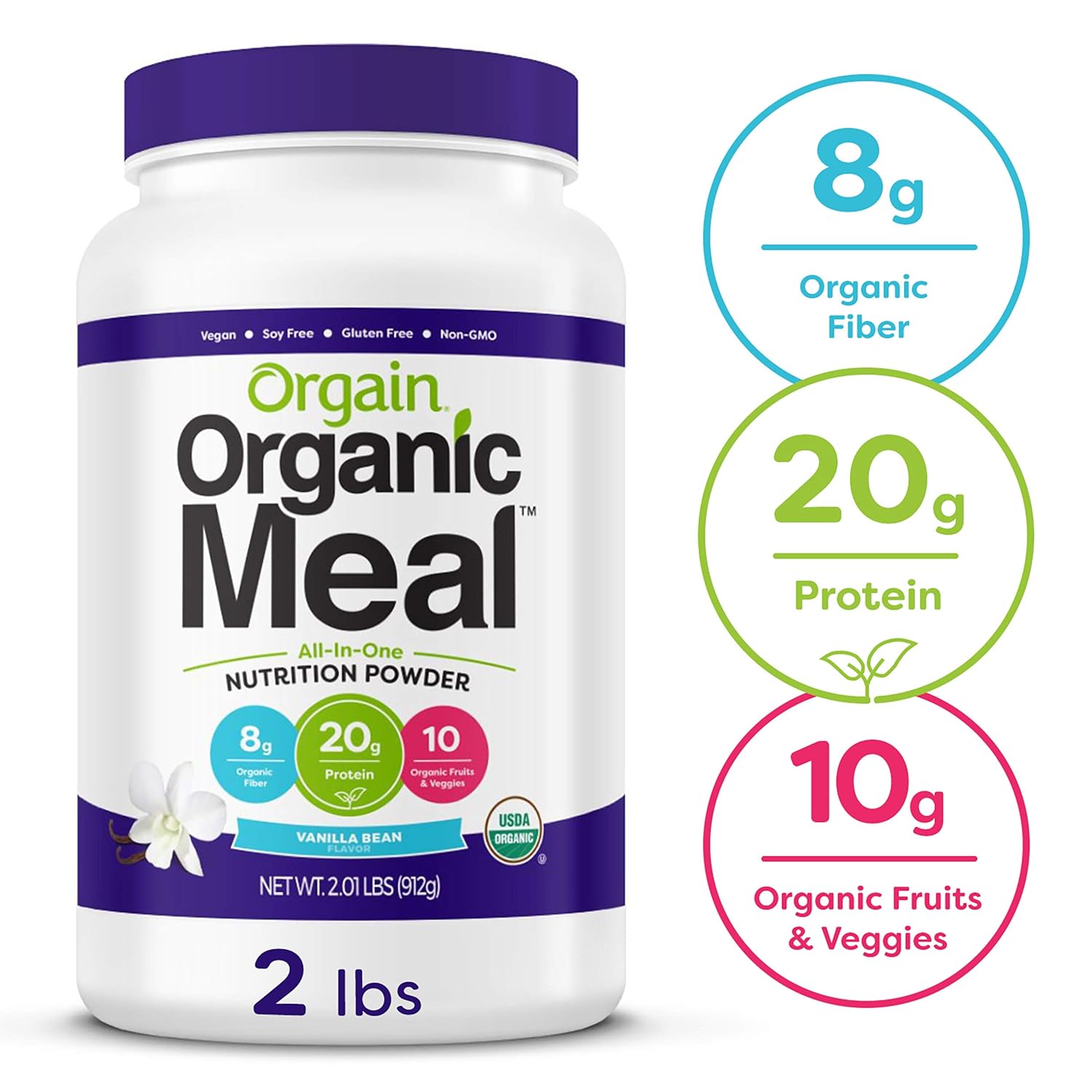 Orgain Organic Plant Based Meal Replacement Powder Vanilla Bean 20g Protein Vegan Dairy Free Gluten Free Lactose Free Kosher Non Gmo 201