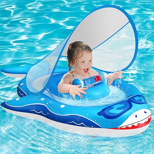 Baby Swimming Pool Float with Removable Canopy UPF50 Sun Protection Infant Toddler Floats for Pool with Adjustable Safety Seat Inflatable Baby Waist Swimming Ring Never Toys Flip Over for 6 24 Months ...
