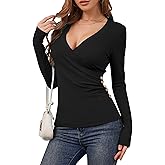 DYLH Ribbed Long Sleeve Tops for Women Sexy Ruched Wrap Going Out Shirt Deep V Neck Trendy Fall Outfits