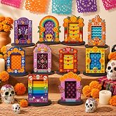 Weysat 10 Sets Mini Picture Frames Photo Holders, Day of The Dead | Wooden Arch Frames with Stands, Day of The Dead Mexico Skeleton Photo Frames, Ofrenda Marigold Skull Decor