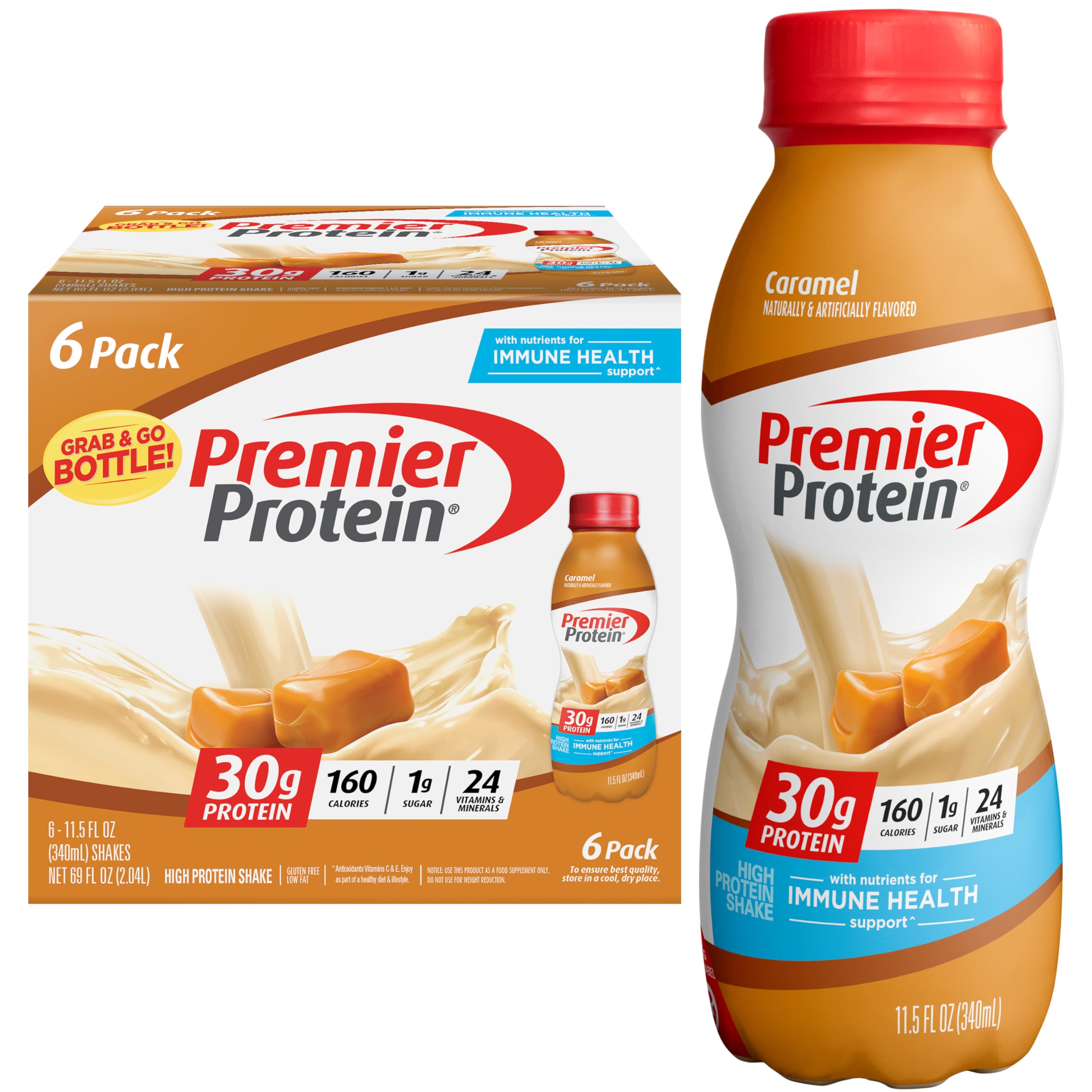 Photo 1 of **exp; nov 09 2025**Premier Protein Shake, Caramel, 30g Protein 1g Sugar 24 Vitamins Minerals Nutrients to Support Immune Health, 11.5 fl oz (Pack of 6)