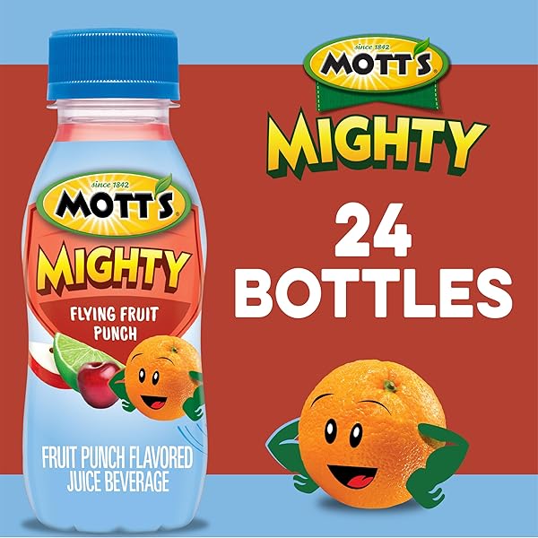 MOTT’S MIGHTY FLYING FRUIT PUNCH JUICE DRINK, 8 FL OZ BOTTLES, 24 COUNT (4 PACKS OF 6), 100% FRUIT JUICE WITH PURIFIED WATER, VITAMINS A, C AND E, NO ARTIFICIAL FLAVORS, COLORS OR SWEETENERS