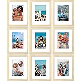 Vittanly 8x10 Picture Frames Set of 9, Shatter Resistant Plexiglass, Display 5x7 Pictures with Mat or 8x10 without Mat, Photo Frames for Wall or Tabletop, Engineered Wood, OAK
