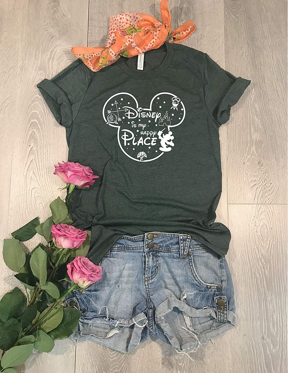X Large/Forest Green/Disney Is My Happy Place/Unisex Fit/Crew Neck T Shirt/Universal Trip Shirt/Free Shipping/Screen Printed With Eco Ink/Unisex Fit/Bella-Canvas Shirt/