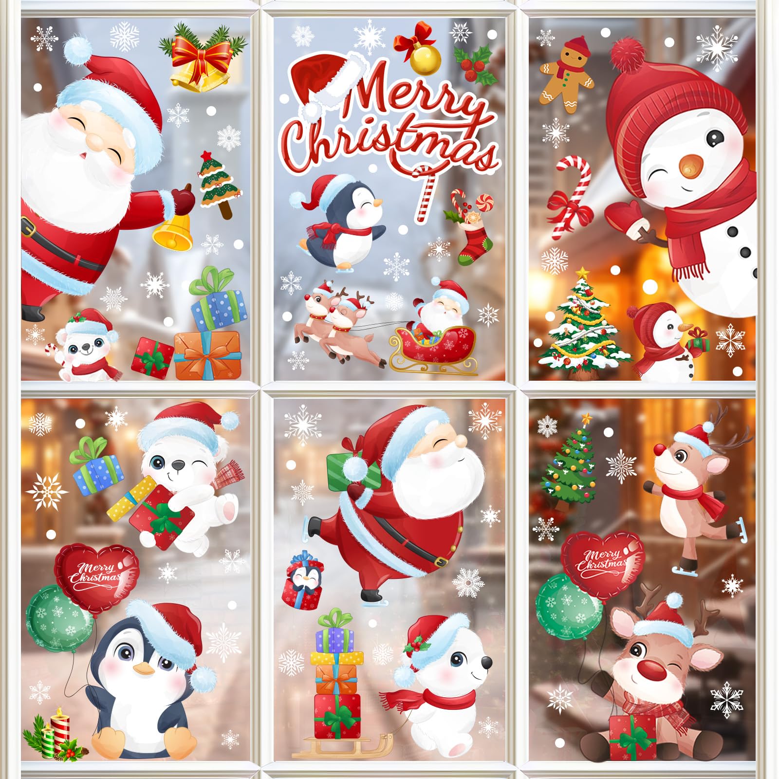 Photo 1 of 168 Pcs Christmas Window Decorations - Merry Christmas Window Clings for Glass Windows, Santa Claus Snowflake Christma Window Stickers Decals for Indoor Home Xmas Holiday Winter Party Decor, 9 Sheet