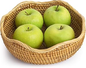 Medium Wicker Sliced Bread Baskets For Fruit Hair Ties Woven Bowl Storage Organizing Kitchen Countertop Bathroom Furniture Natural Rattan Round Basket Serving Bowls Chips (M: 9.1