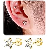 Enticera Flat Back Stud Earrings for Girls Women 14K Gold Plated Cartilage Stud Earrings 20G Hypoallergenic Surgical Steel CZ Snake Flower Butterfly Screw Back Nap Earrings Studs