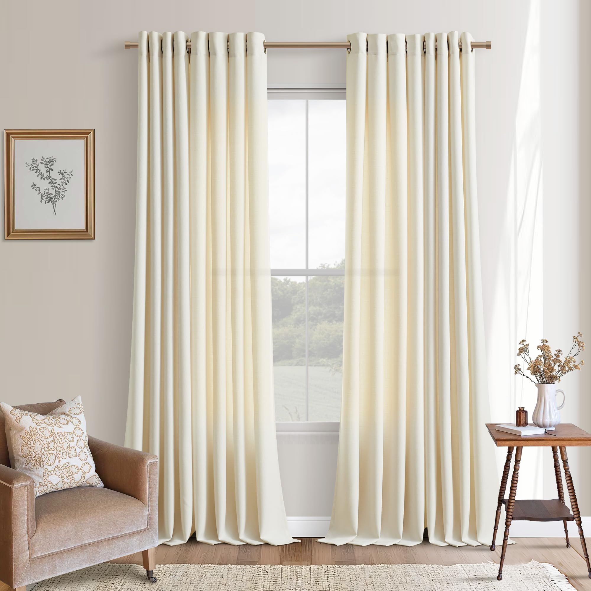 Photo 1 of Beige Linen Extra Long Curtains 120 Inch Length for Living Room 2 Panels Set Bronze Ring Grommet Drapes Boho Rustic Farmhouse Textured Semi Sheer Faux Linen Curtains for Large Window 10 FT Tall