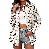 Halloween Shirts for Women: Pumpkin Skeleton T-Shirts Graphic Halloween Fall Long Sleeve Hawaiian Button Down Blouse