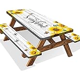 Sunflower Picnic Table Cover with Bench Covers Camping Essentials Wooden Grain Outdoor Table Covers with Elastic Waterproof Fitted Tablecloth for RV Picnic Travel