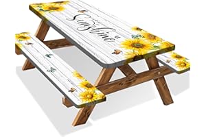 Sunflower Picnic Table Cover with Bench Covers Camping Essentials Wooden Grain Outdoor Table Covers with Elastic Waterproof F