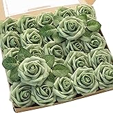 Floroom Artificial Flowers 25pcs Real Looking Elf Green Foam Fake Roses with Stems for DIY Wedding Bouquets Bridal Shower Centerpieces Sage Green Floral Arrangements Home Decorations