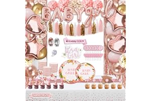 Guudmua 228pcs Baby Shower Decorations for Girl, Girl Baby Shower Decorations Kits - Disposable Tableware Set with Pink Rose 