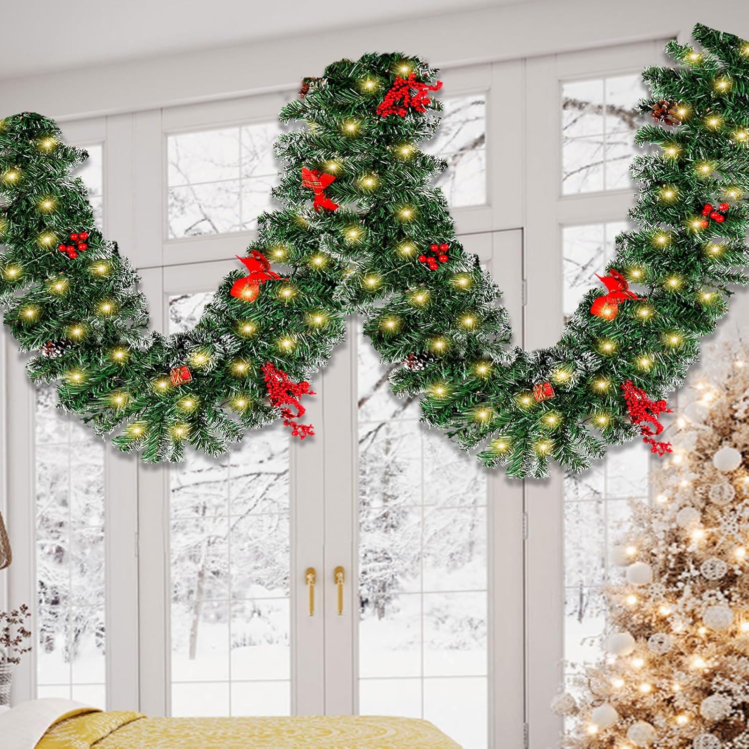 Wreaths, Garlands & Swags - iTeporein Pre-Lit Artificial Christmas Garland with LED Lights, Exquisite Handcrafted Decor Accessories and 50 Warm Lights for Home Stairs Fireplace Holiday Decoration, 9FT