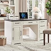 JXQTLINGMU 58" Executive Desk, Farmhouse Computer Desk with Drawers and Cabinet, Embossed Texture Home Office Desk w/Charging
