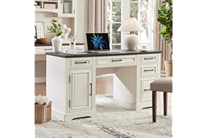 JXQTLINGMU 58" Executive Desk, Farmhouse Computer Desk with Drawers and Cabinet, Embossed Texture Home Office Desk w/Charging Station, Workspace for Work Study Writing, Off White