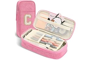 GIFTOXO Preppy Pencil Case for School Supplies, Large Initial Pencil Pouch with Zipper, Cute Pencil Bag for Office Supplies, Aesthetic Birthday Gift for Kids Teen Girls Adults - C(Pink)